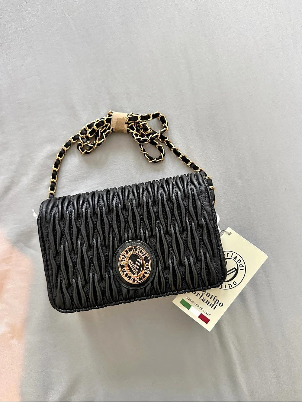 Valentino Orlandi Black Ruched Quilted Gold Chain Crossbody Bag NWT